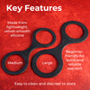 Black silicone restraint device with text on a red background