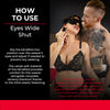 Person wearing a black lace bra with text on how to use 'Eyes Wide Shut' blindfold.