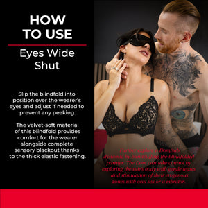 Person wearing a black lace bra with text on how to use 'Eyes Wide Shut' blindfold.