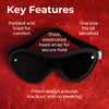 Black eye mask with key features highlighted on a red background