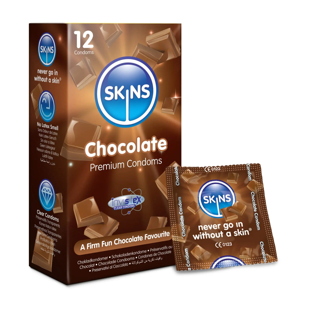 Box of Skins Chocolate Premium Condoms with packaging on a white background