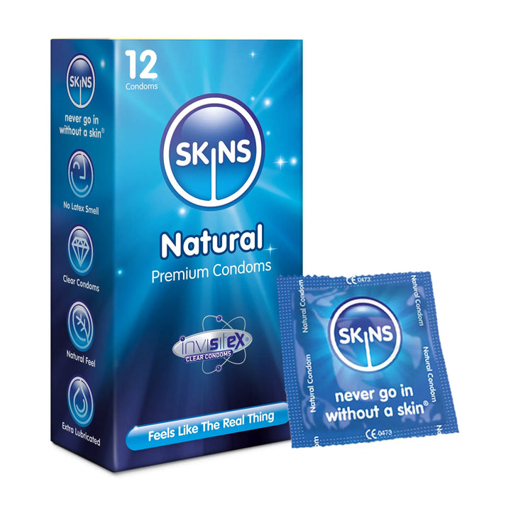 Box of Skins Natural Premium Condoms with a single condom package displayed.