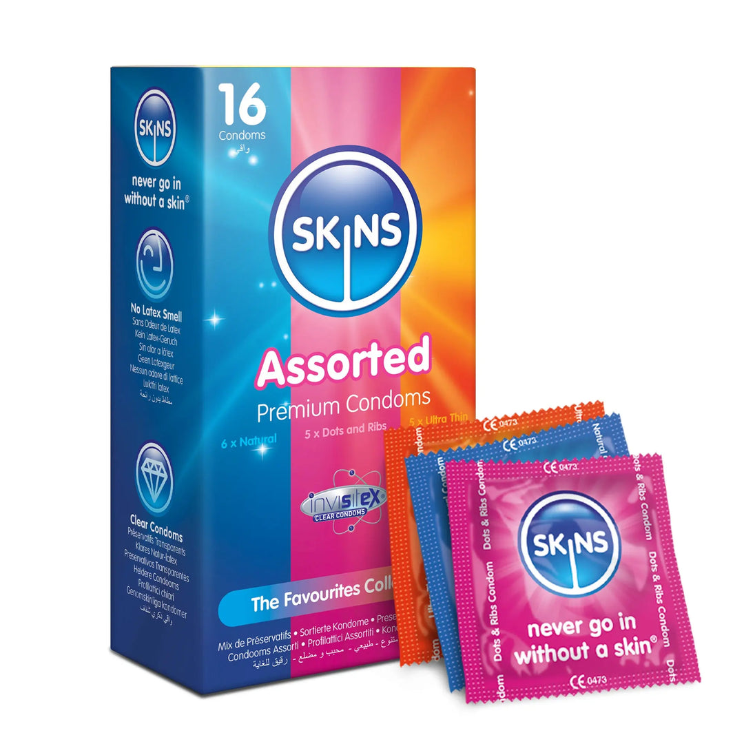 Box of Skins assorted condoms with colorful packaging on a white background