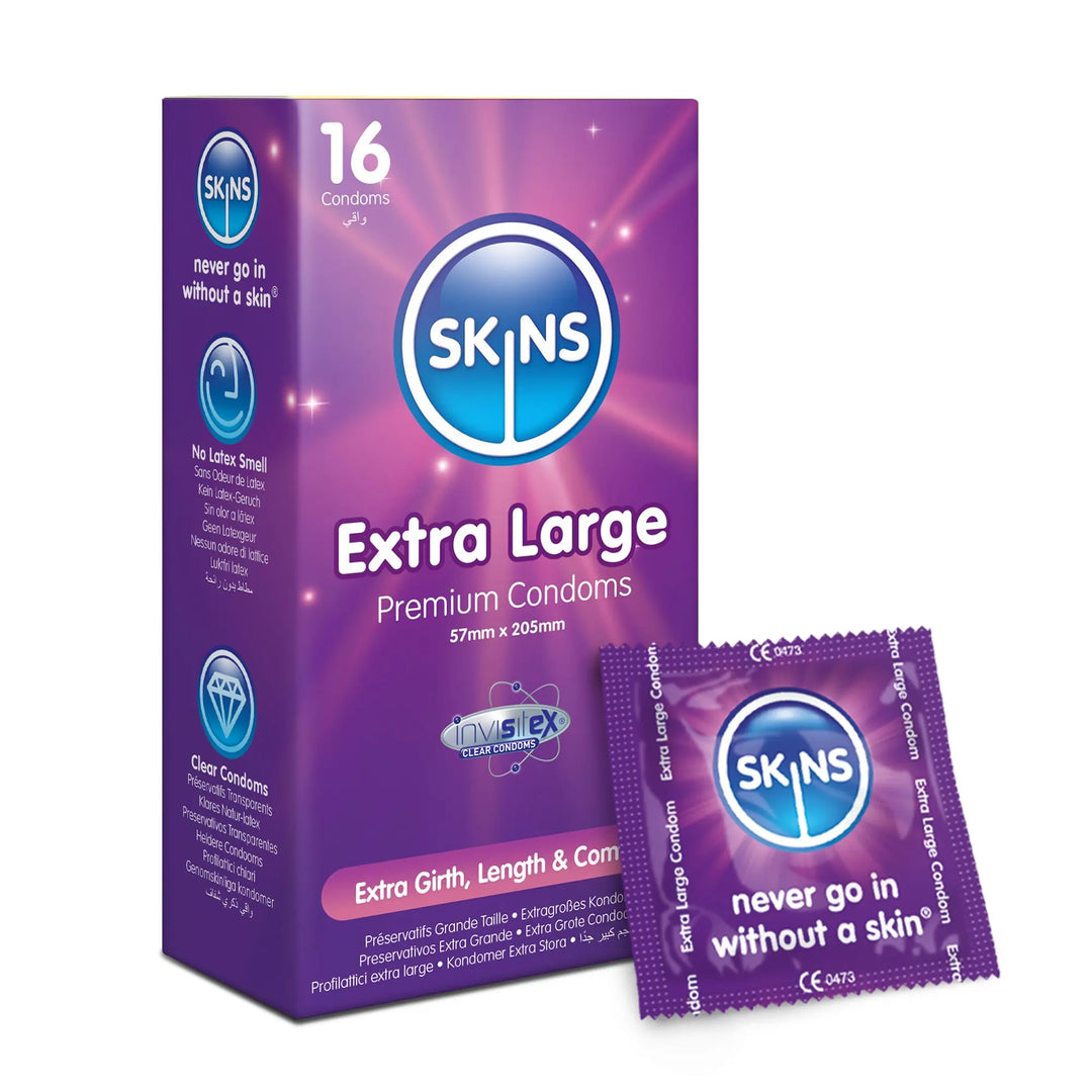 Box of Skins Extra Large Premium Condoms with a single condom package on a white background