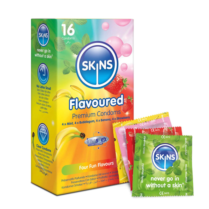 Skins flavoured condoms packaging with colorful boxes and individual packets on a white background