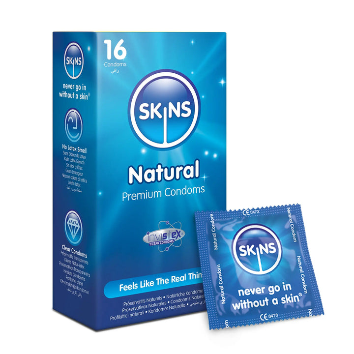 Box of Skins Natural Premium Condoms with a single condom package on a white background