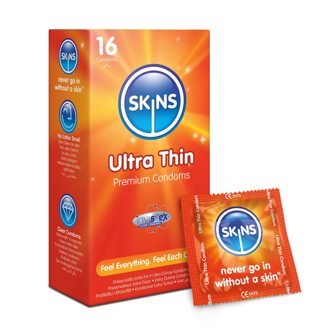 Box and individual packet of Skins ultra thin condoms on a white background