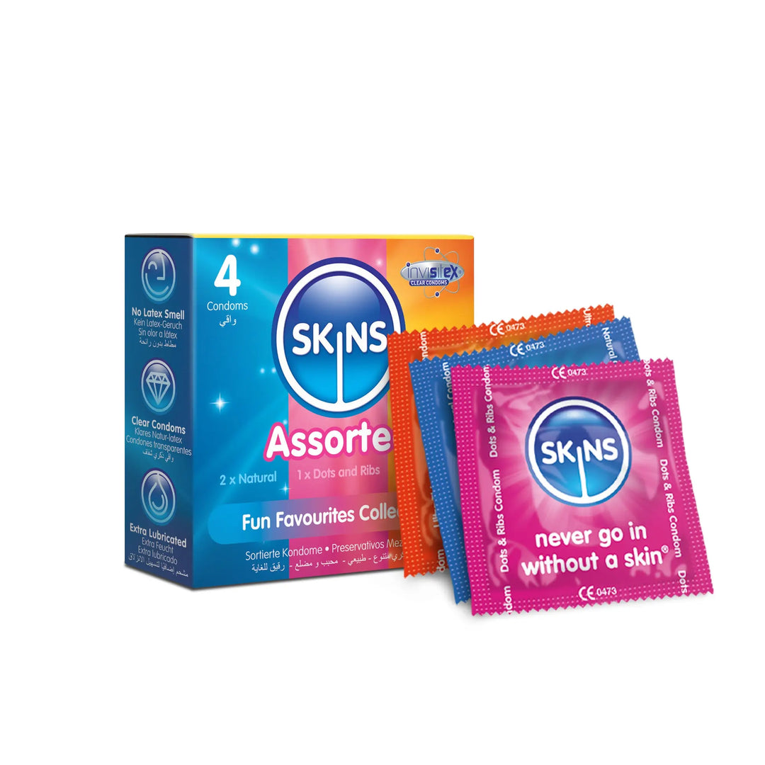 Assorted SKINS condoms packaging on a white background