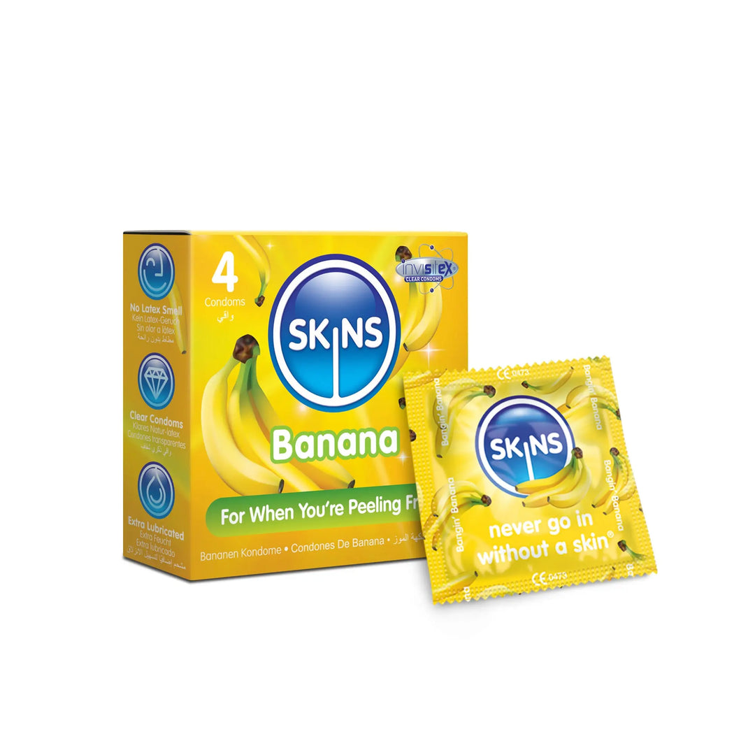 SKINS banana-themed condom packaging on a white background