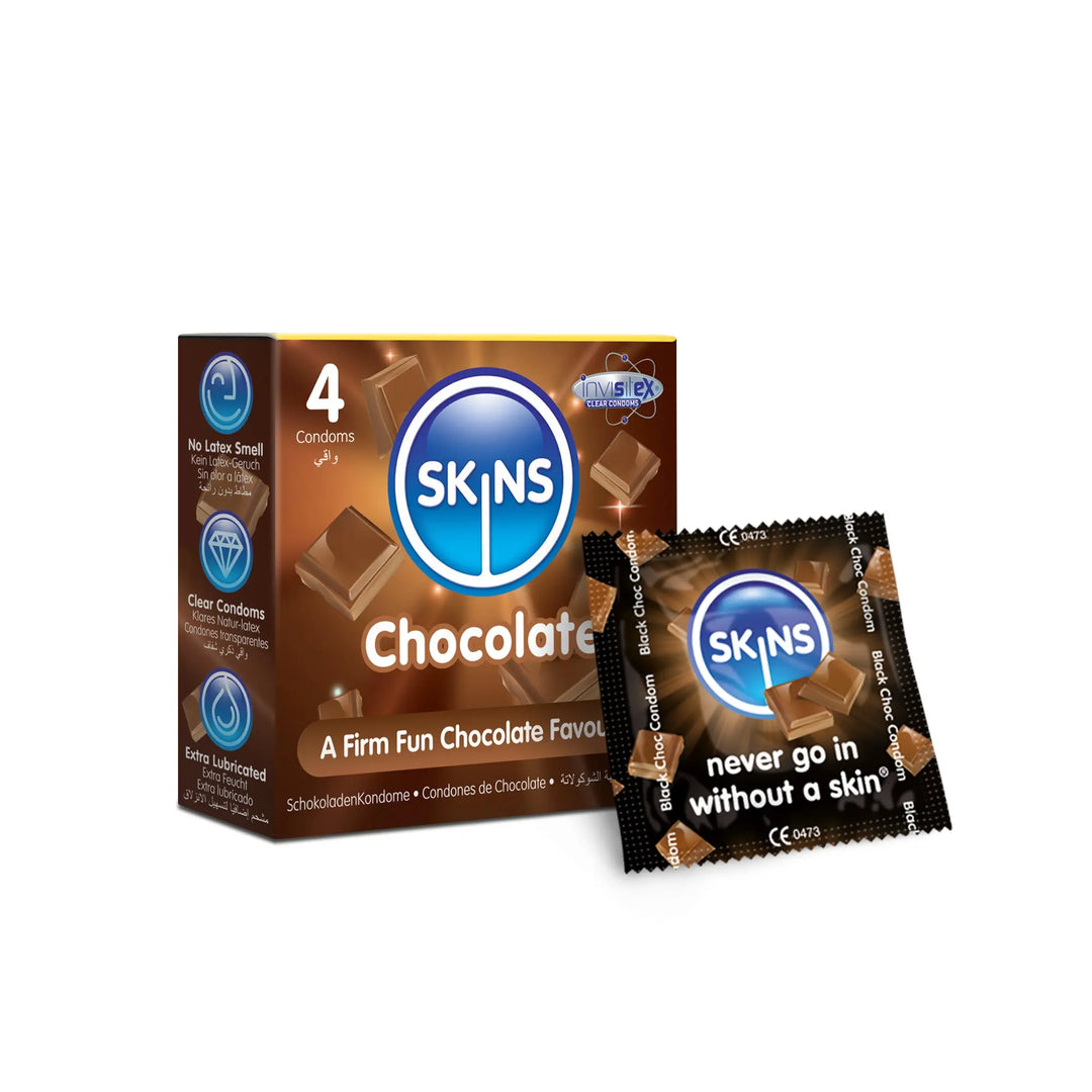 SKINS chocolate-flavored condoms packaging on a white background