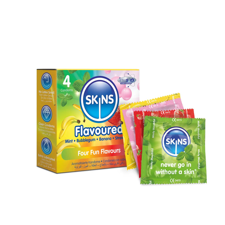 Skins flavoured condoms packaging with colorful boxes and packets on a white background