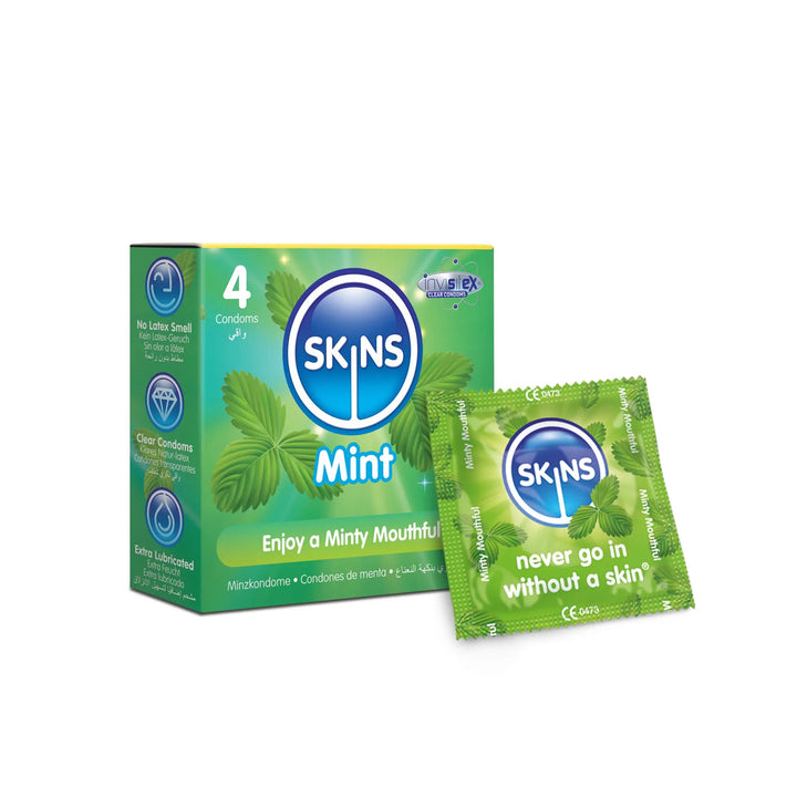 SKINS Mint flavored condoms packaging on a white background