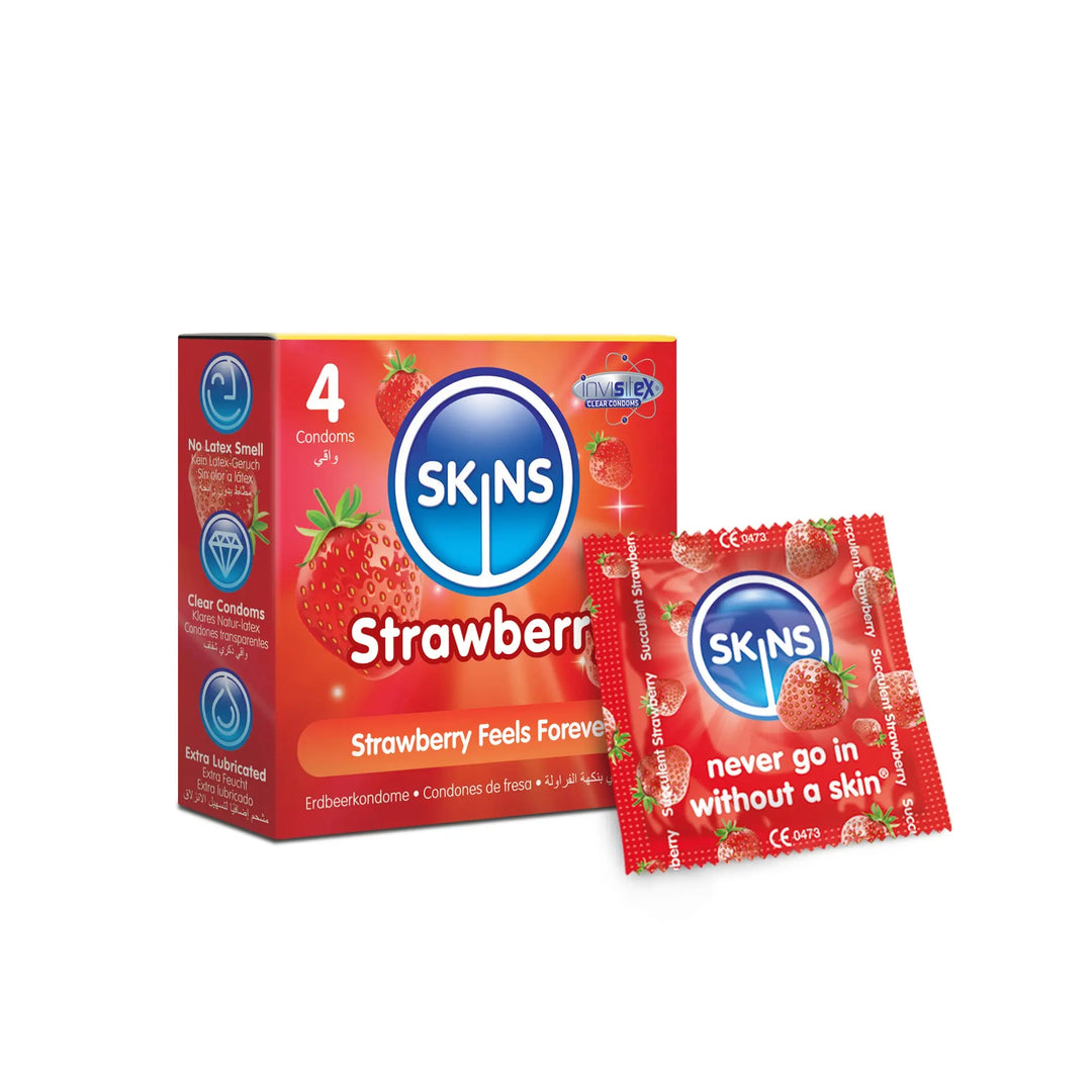 Skins strawberry-flavored condoms packaging on a white background