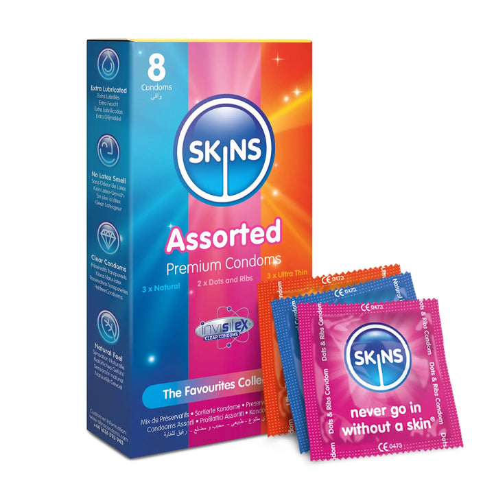 Box of Skins assorted premium condoms with packaging displayed.