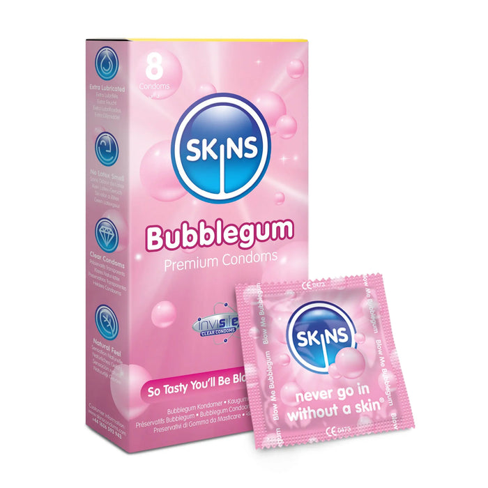 Skins Bubblegum premium condoms packaging on a white background