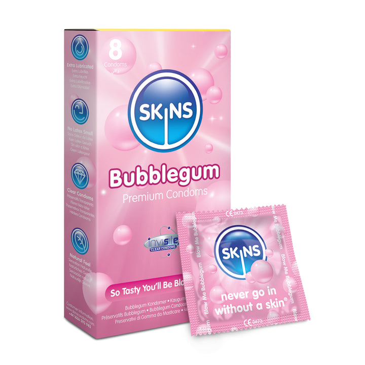 Skins Bubblegum premium condoms packaging on a white background
