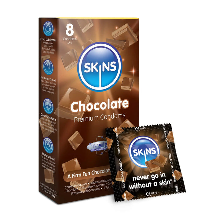 Skins chocolate premium condoms packaging on a white background