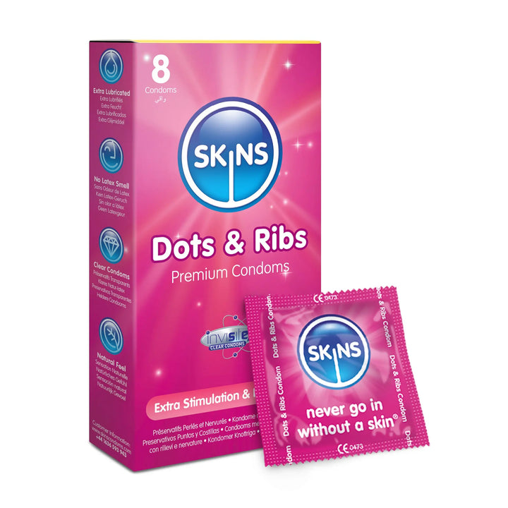 Skins Dots & Ribs premium condoms packaging on a white background