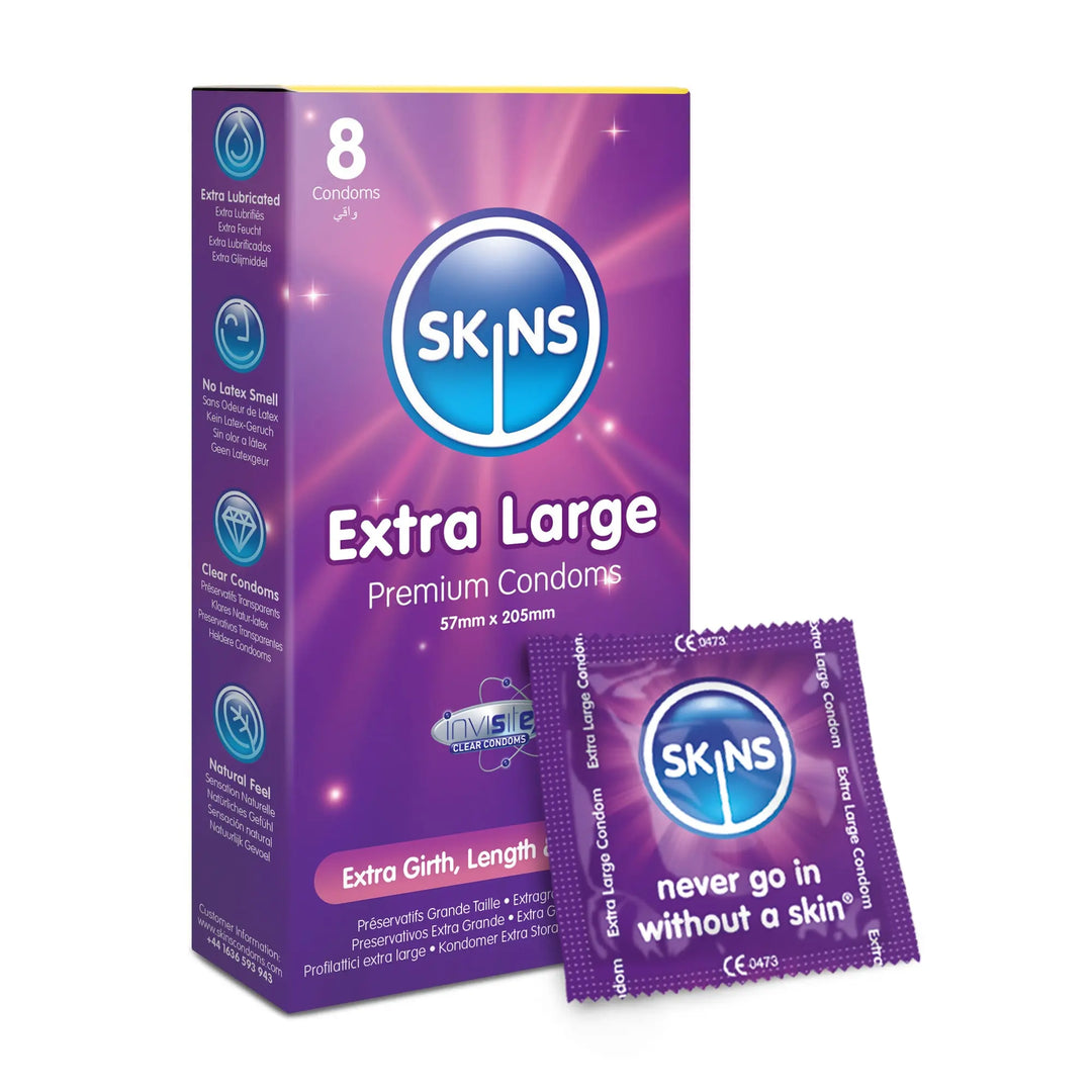 Box of Skins Extra Large Premium Condoms with a single condom package on a white background