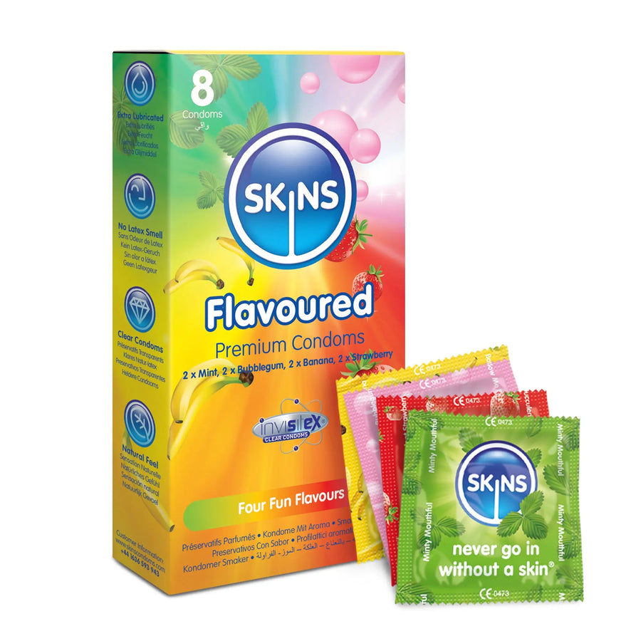 Skins flavoured premium condoms packaging with colorful condom packets on a white background