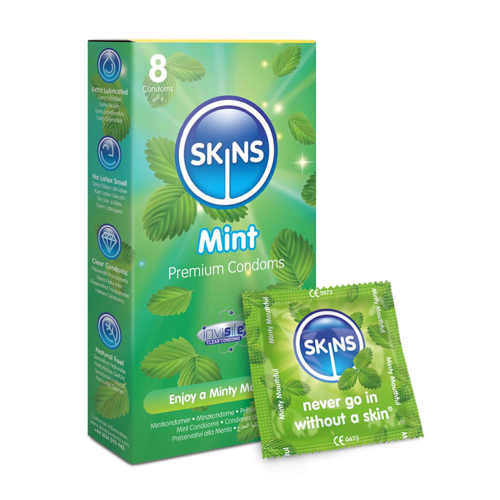 Skins Mint premium condoms packaging with a single packet on a white background
