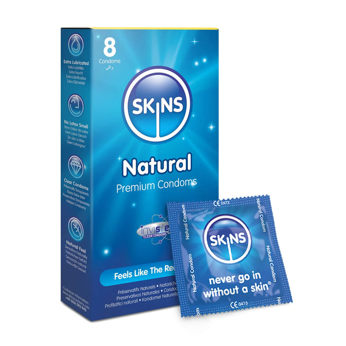 Skins Natural Premium Condoms packaging with a single condom on a white background