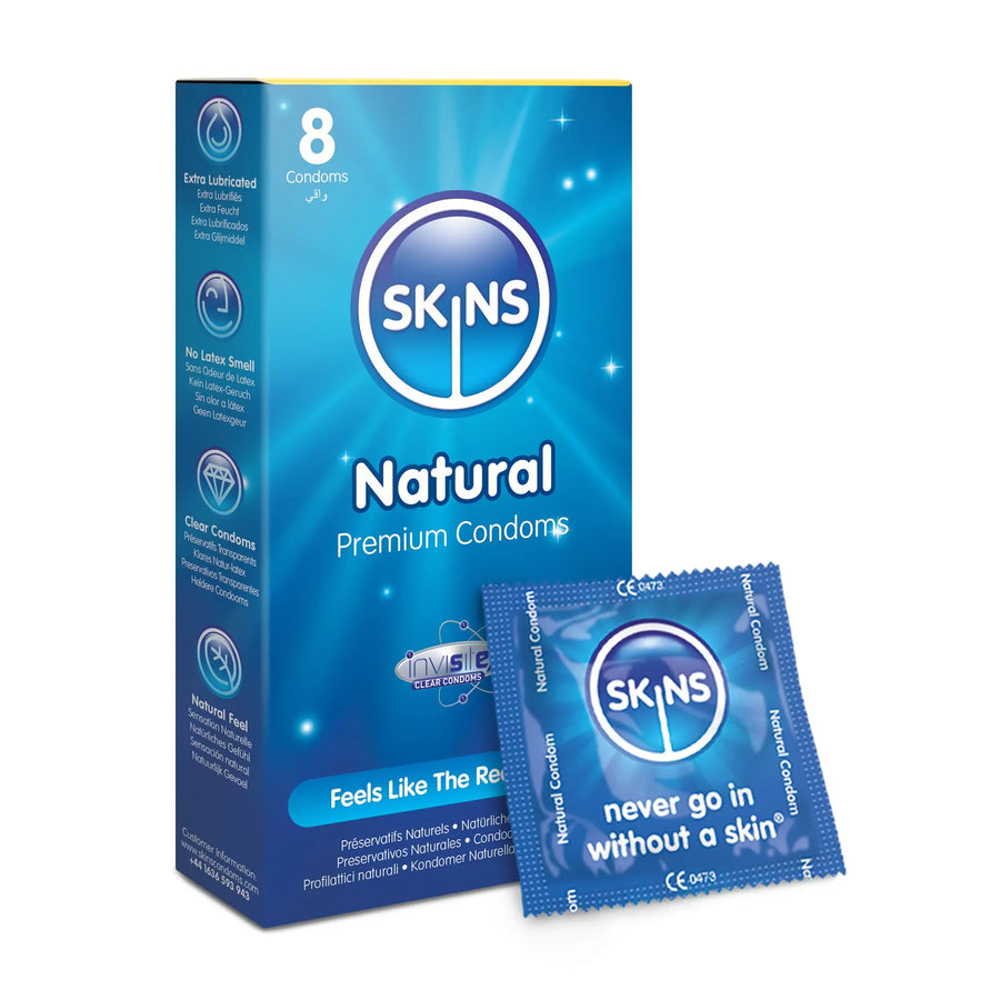 Skins Natural Premium Condoms packaging with a single condom on a white background