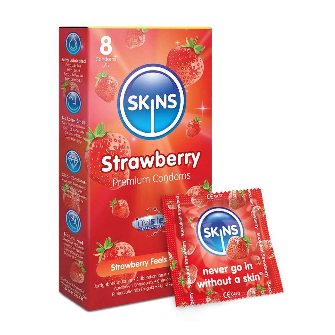 Skins Strawberry premium condoms packaging on a white background