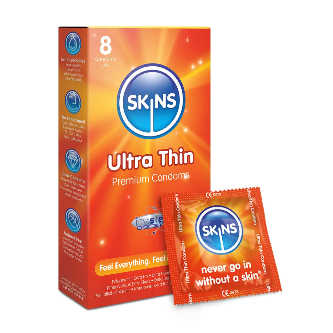 Skins Ultra Thin condoms packaging with a single condom package on a white background