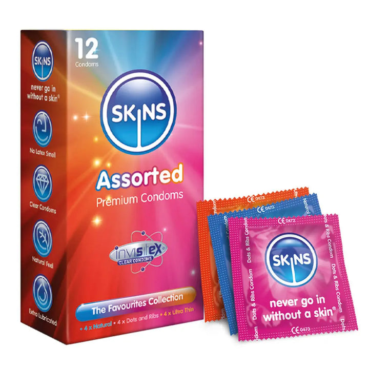 Box of Skins assorted condoms with packaging on a white background