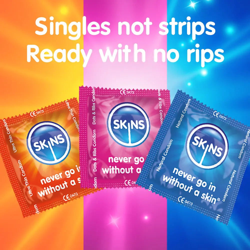 Three SKINS condoms in orange, pink, and blue packaging on a colourful background with text.