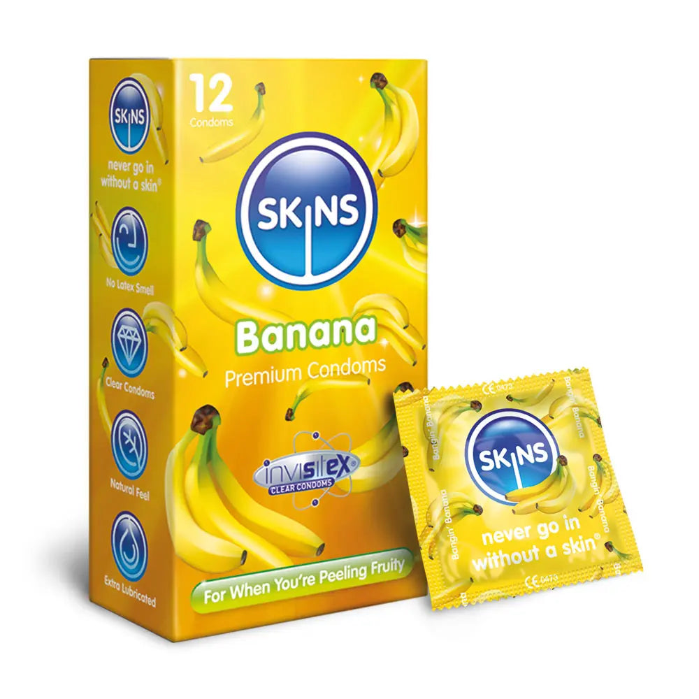 Box of Skins Banana Premium Condoms with a single condom package on a white background
