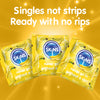 Three SKINS banana product packages on a yellow background with text 'Singles not strips, Ready with no rips'.
