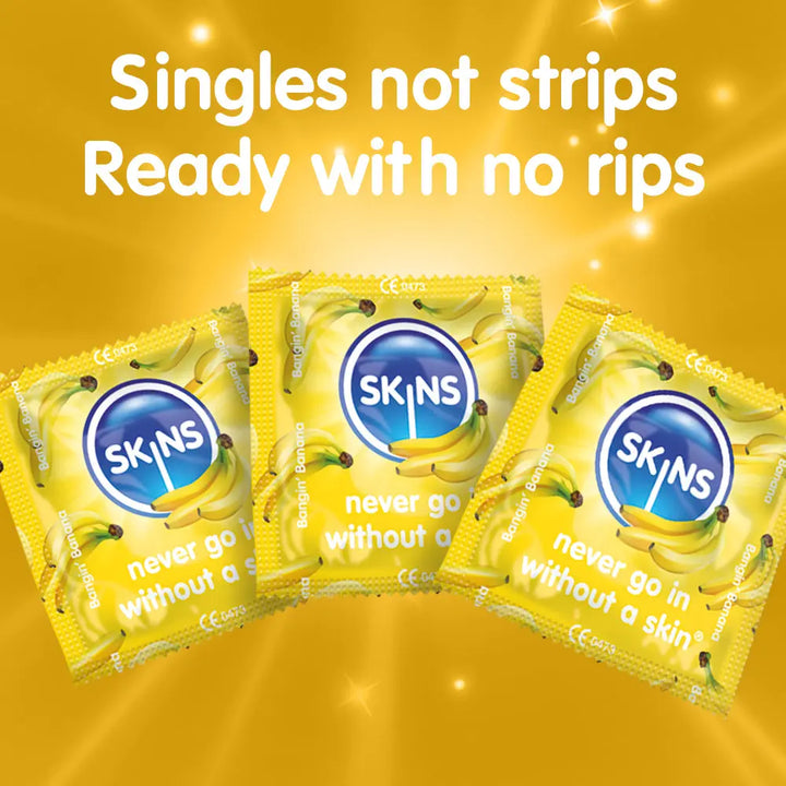 Three SKINS banana product packages on a yellow background with text 'Singles not strips, Ready with no rips'.