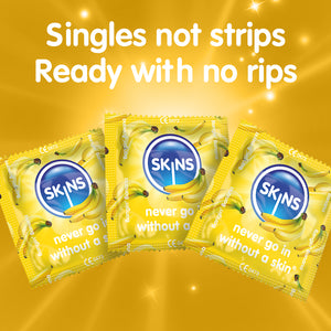 Three SKINS banana product packages on a yellow background with text 'Singles not strips, Ready with no rips'.