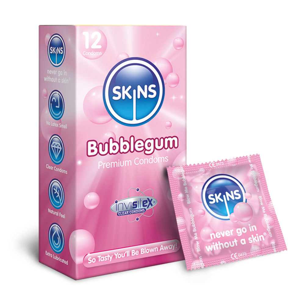 Pink box of Skins Bubblegum condoms with a single condom package on a white background