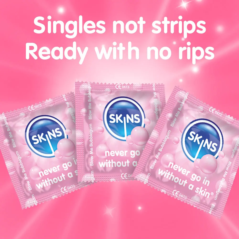 SKINS bubblegum condom packages on a pink background with text 'Singles not strips, Ready with no rips'.