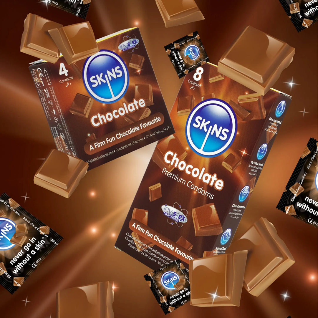 SKINS Chocolate condoms packaging on a chocolate-themed background