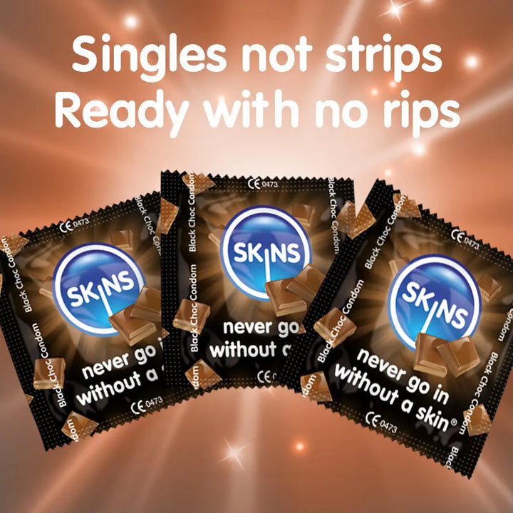 SKINS chocolate condoms packaging with promotional text on a warm-toned background