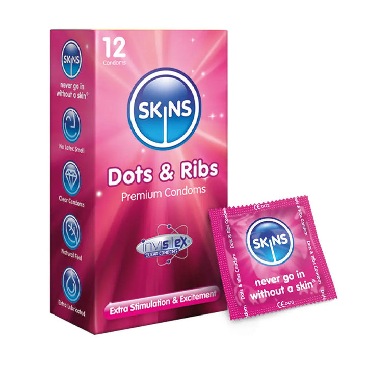 Skins Dots & Ribs premium condoms packaging on a white background