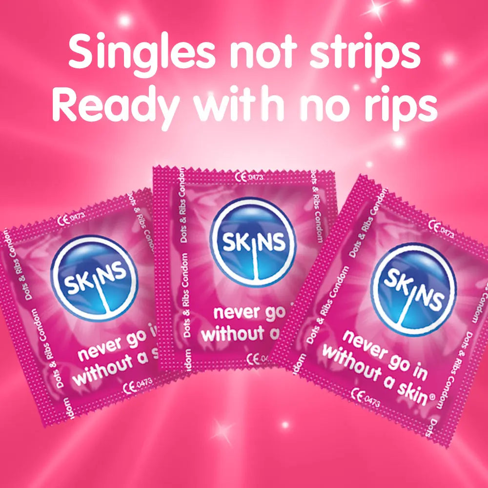 SKINS condoms packaging on a pink background with text 'Singles not strips, Ready with no rips'.