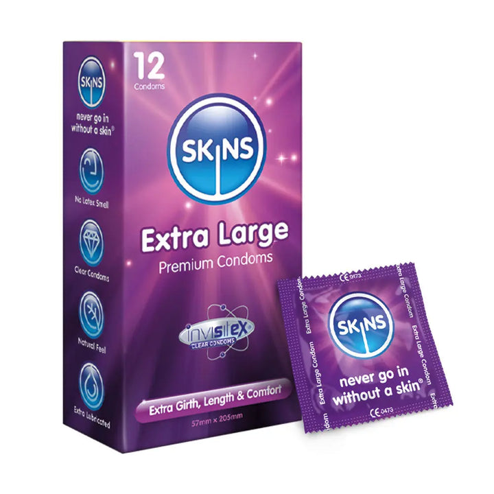 Box of Skins Extra Large Premium Condoms with a single condom package on a white background