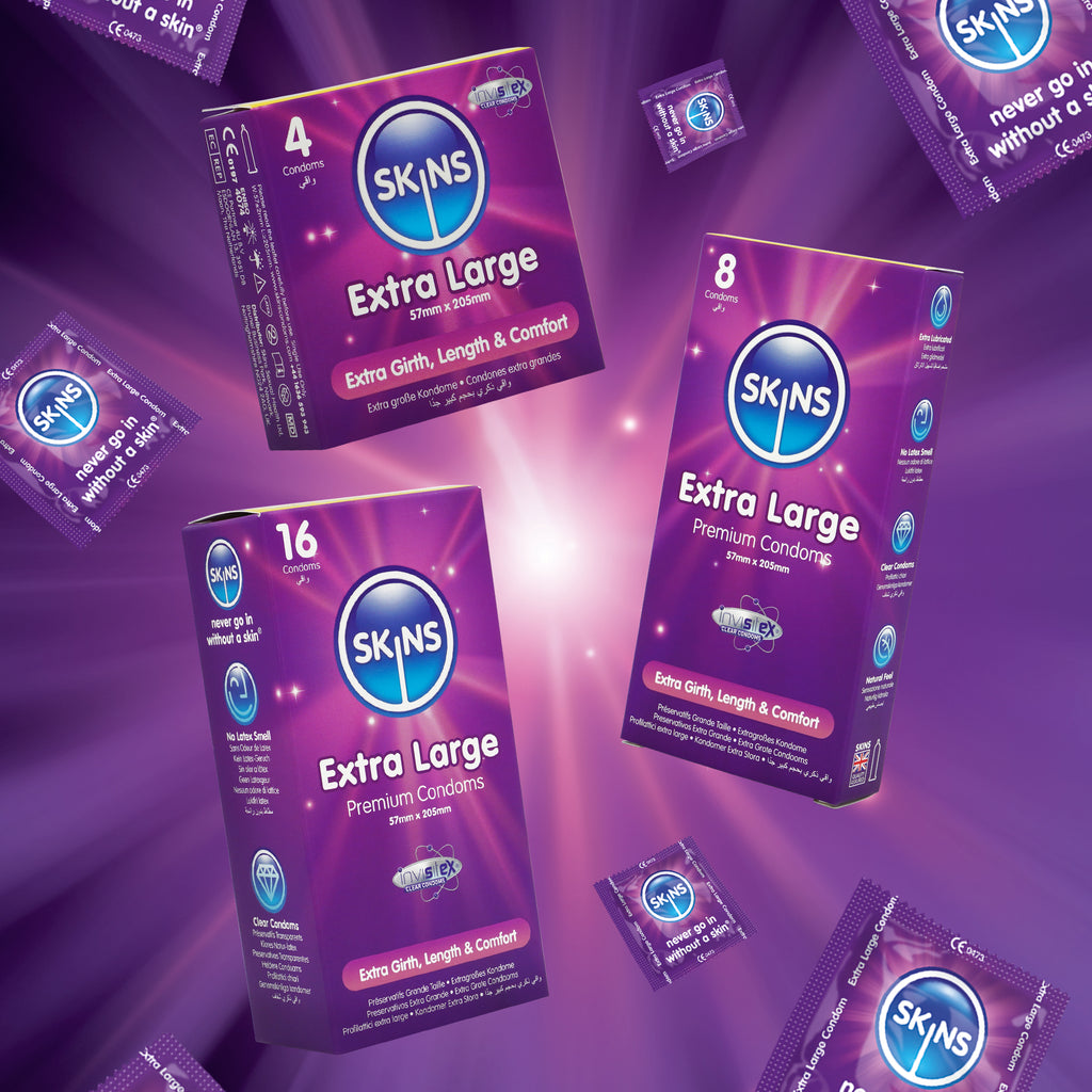 SKINS Extra Large condoms packaging on a purple background