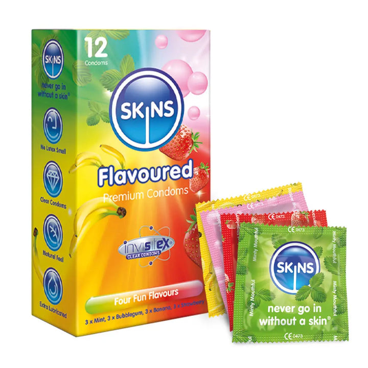 Box of Skins flavoured condoms with individual packets displayed.