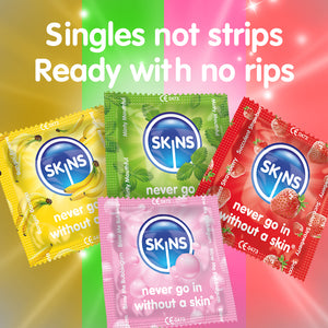 Four SKINS packaging with colorful backgrounds and text.