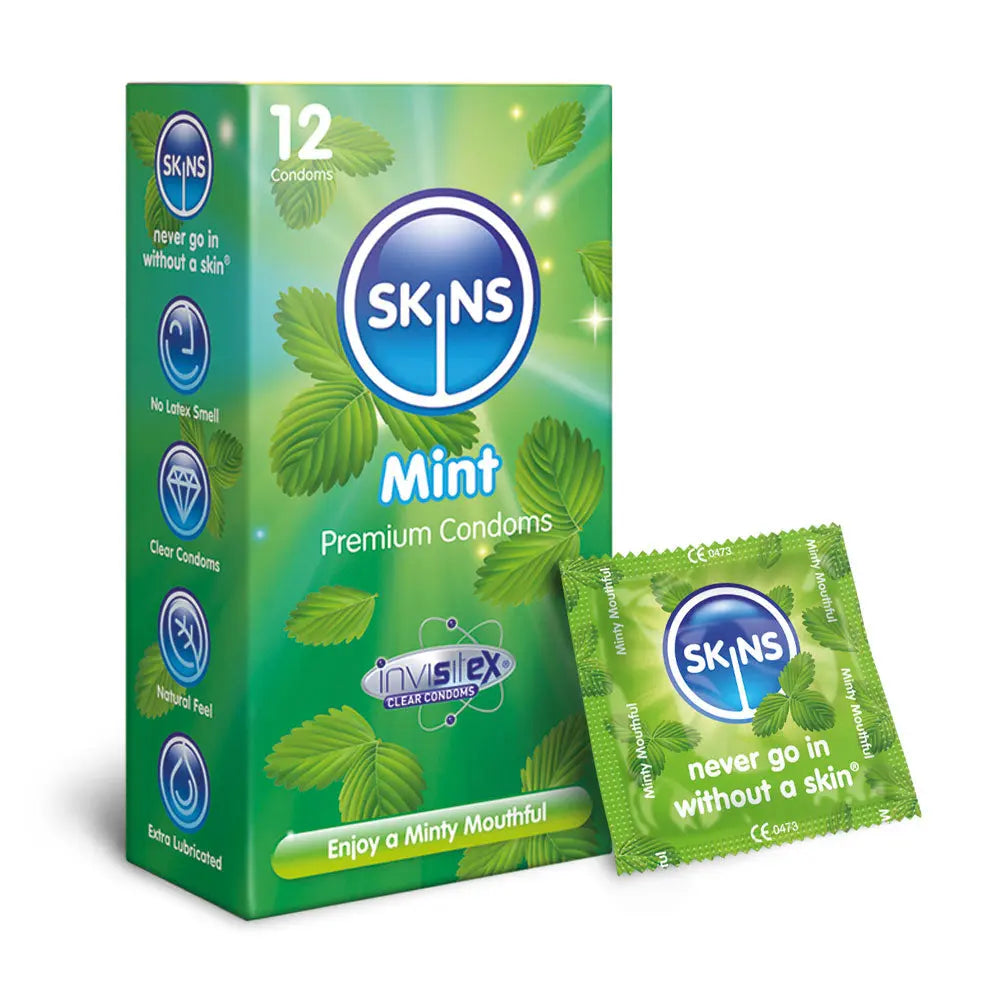 Box of Skins Mint premium condoms with a single condom package on a white background