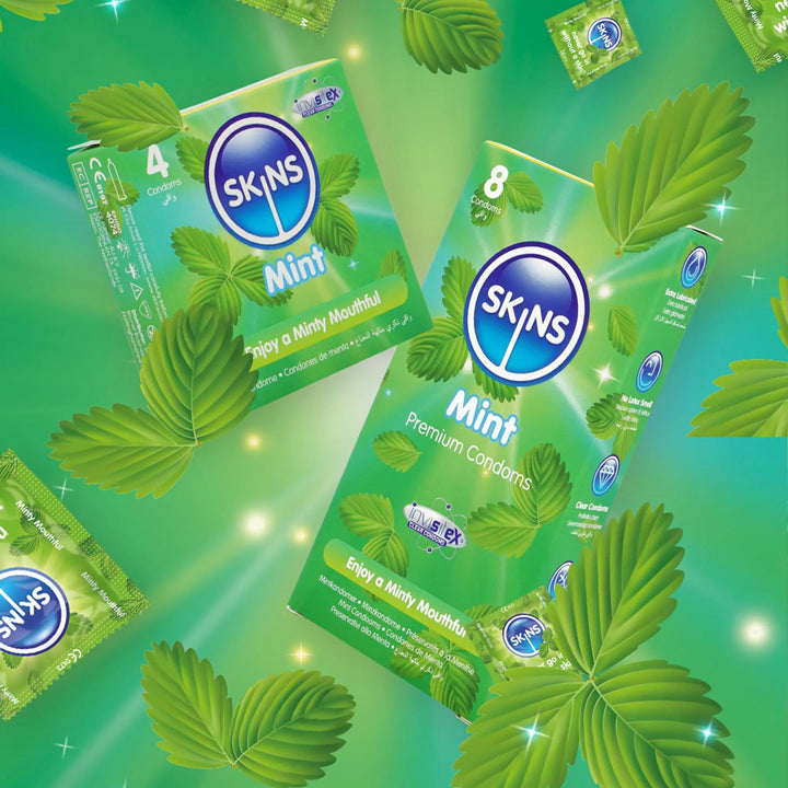 SKINS Mint condoms packaging on a green background with mint leaves