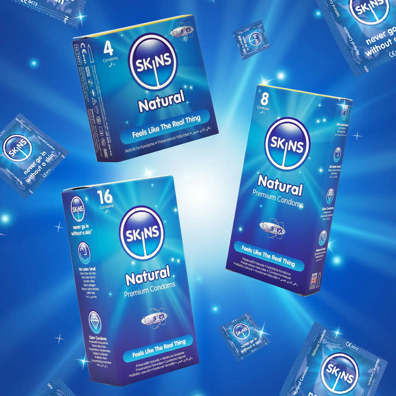 SKINS natural condoms packaging on a blue background