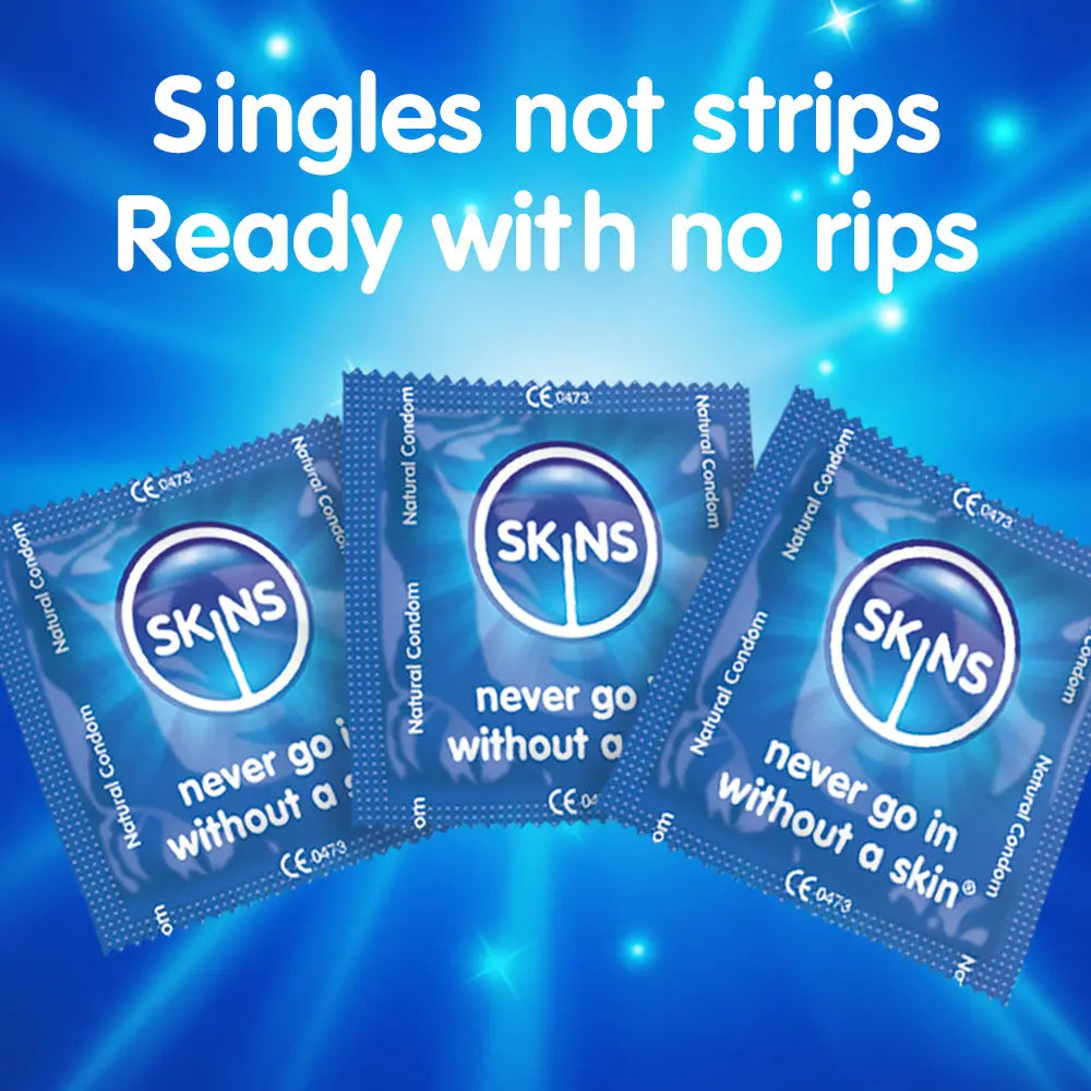 SKINS condoms packaging with promotional text on a blue background