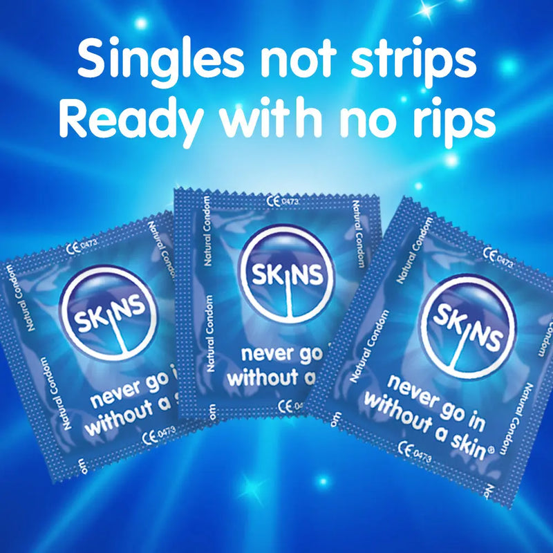 SKINS condoms packaging with promotional text on a blue background